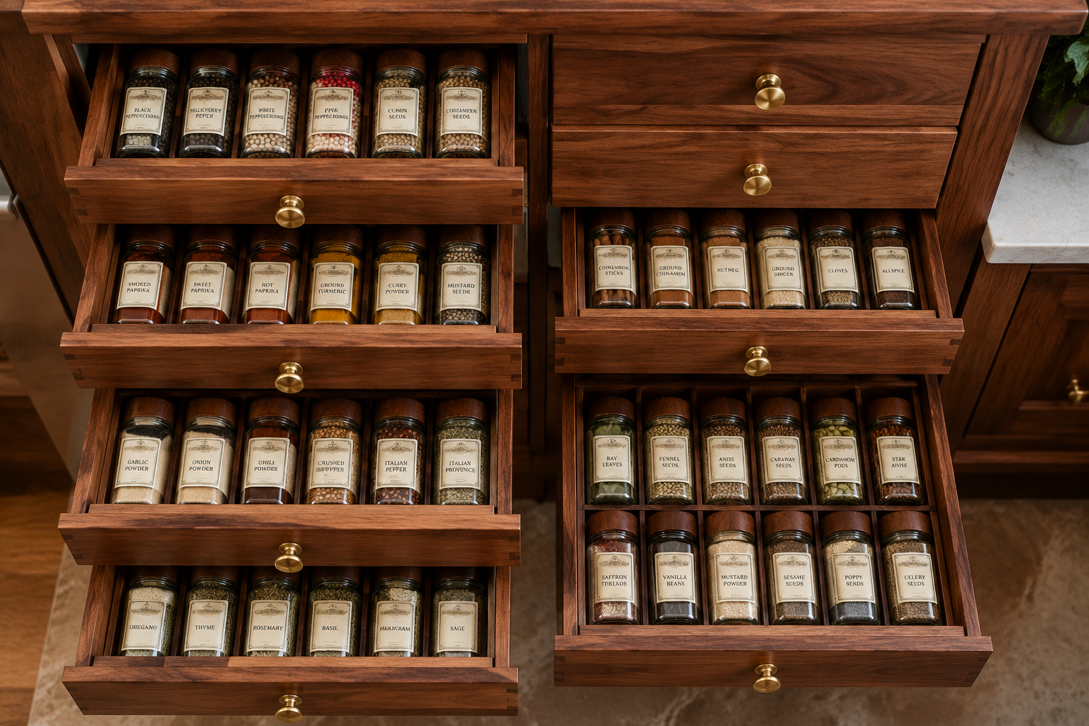 A close-up, top-down landscape shot () illustrating the soft-close drawer mechanism and meticulous organization within a