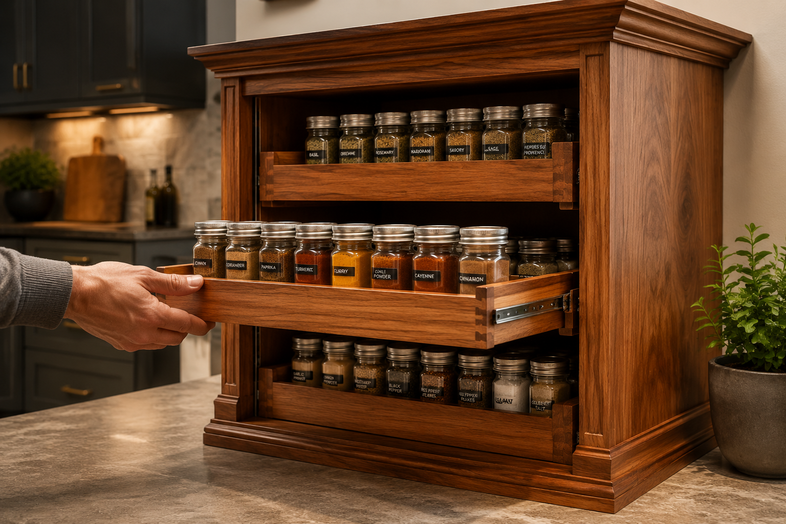 A dynamic, ¾ view landscape shot () of a custom wooden spice rack with a focus on the finished wood, reflecting a warm,