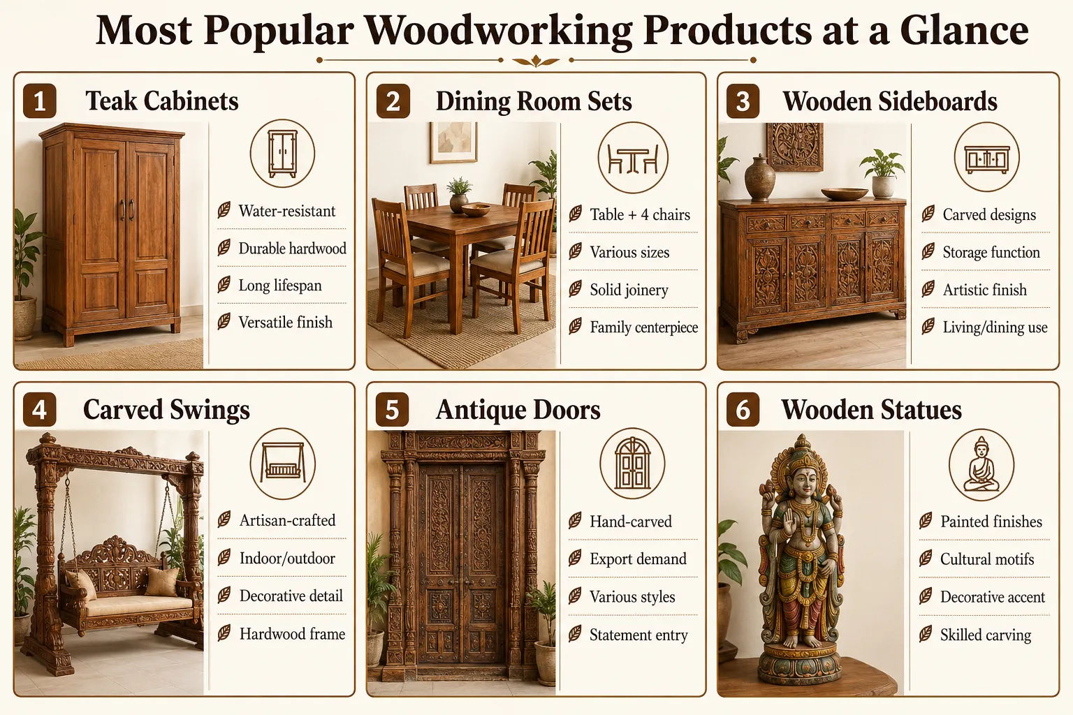 Multi-panel comparison guide with clean white background and warm wood-tone accents. Title at top: 'Most popular woodworking products