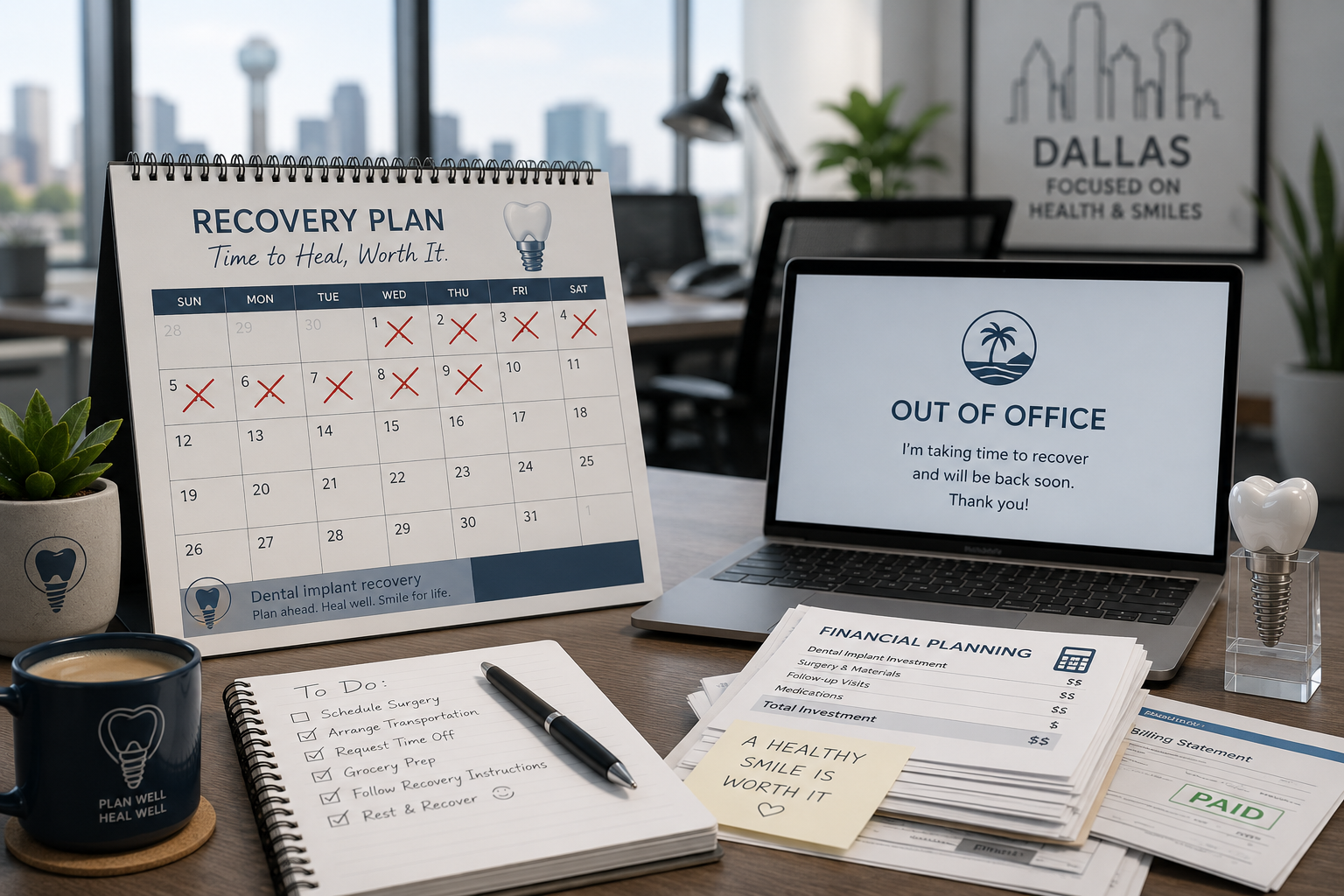 A detailed visual representation in () illustrating the 'time off work' aspect of dental implant recovery in Dallas. The