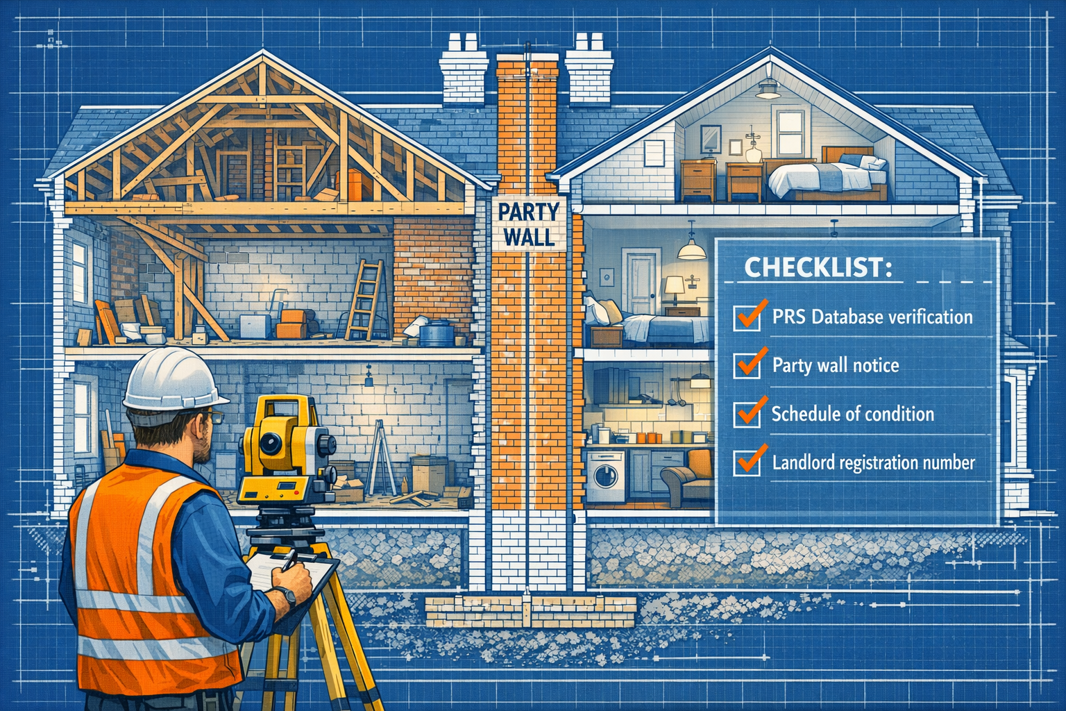() technical cross-section illustration of Victorian terraced houses showing shared party wall structure in center, with two