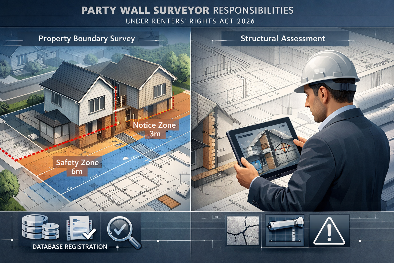 Professional architectural visualization showing a split-screen technical illustration demonstrating party wall surveyor