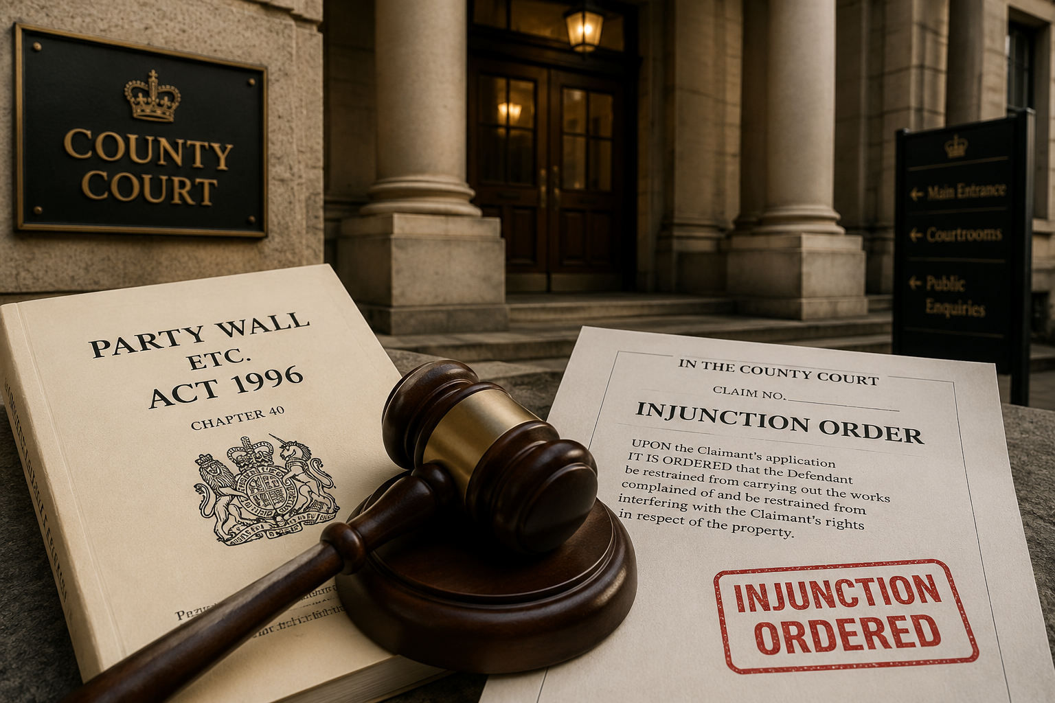Wide-angle () showing a UK county court exterior with stone columns and legal signage, foreground featuring a wooden judge's