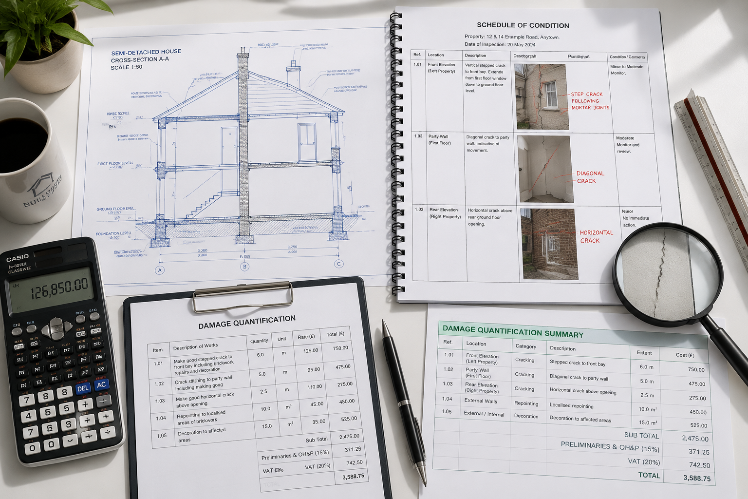 Overhead bird's-eye () showing a surveyor's desk with technical drawings of a semi-detached house cross-section, a Schedule