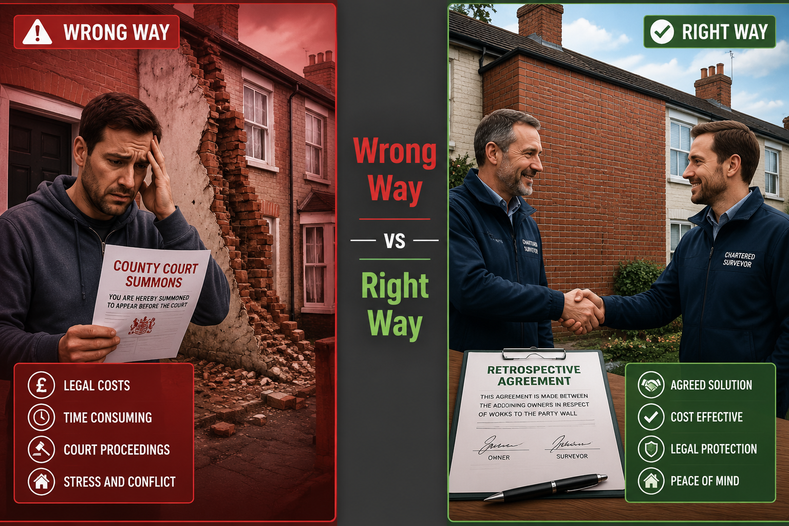() split-panel infographic style image showing two contrasting scenarios side by side: LEFT panel shows a stressed homeowner