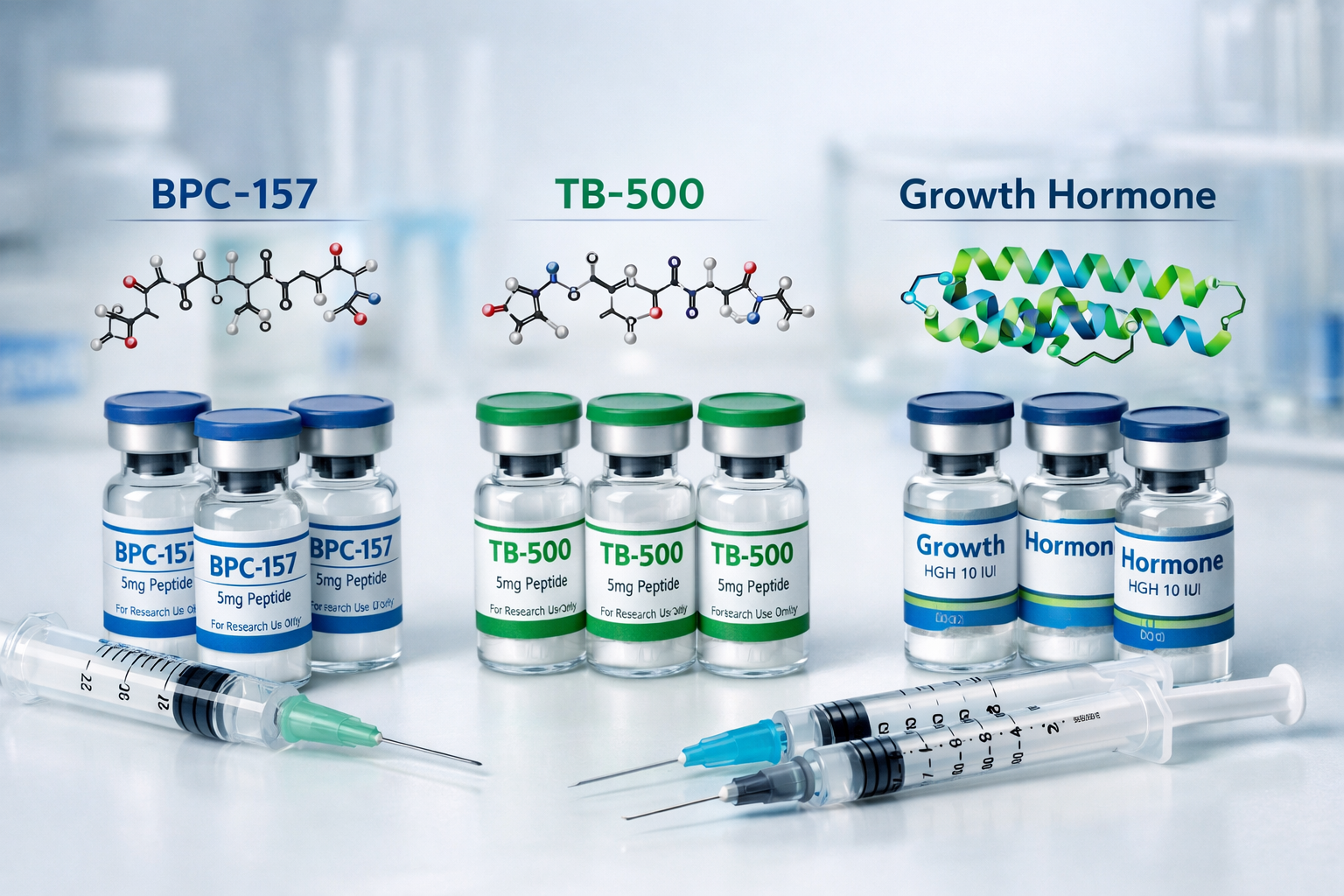 Detailed infographic showing collection of peptide vials and syringes arranged on clean white laboratory surface with labels for BPC-157, TB