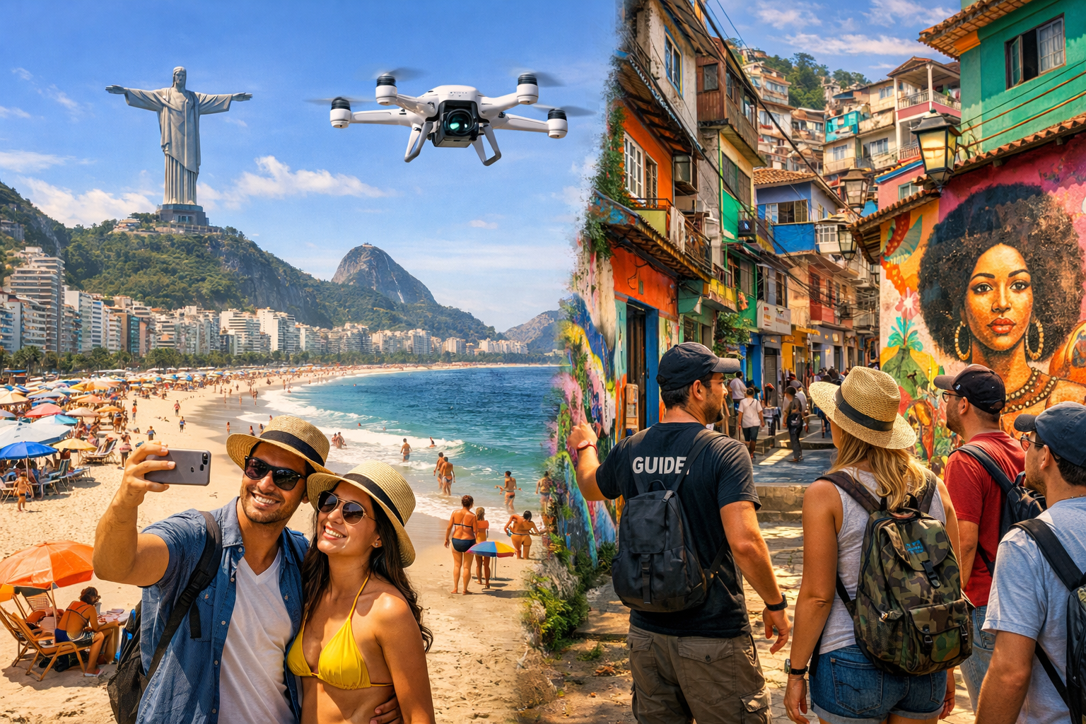 Landscape format (1536x1024) image illustrating the diverse tourist experiences in Rio de Janeiro in 2026. One side shows tourists enjoying