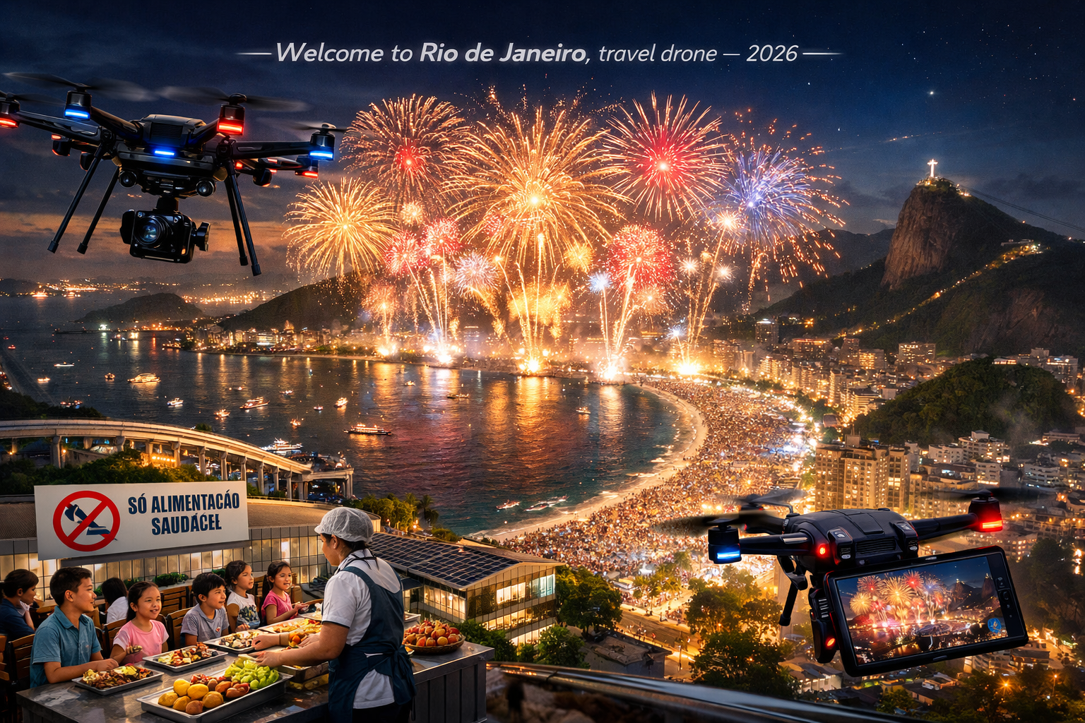 Landscape format (1536x1024) image showcasing the innovative spirit and urban developments in Rio de Janeiro in 2026. Feature a dynamic comp