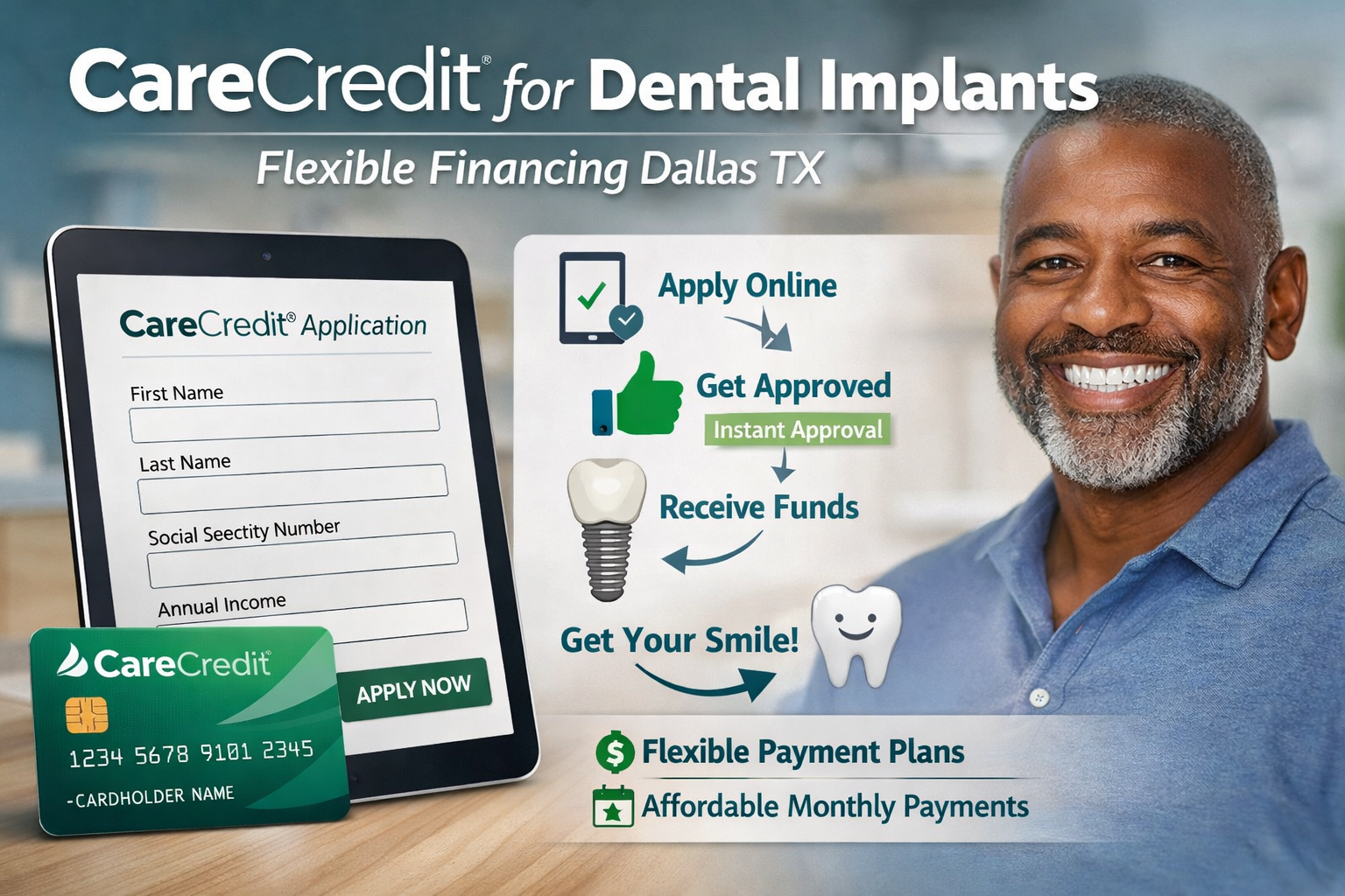 A landscape format (1536x1024) image showcasing the CareCredit card and application process in the context of Dallas dental implant financin