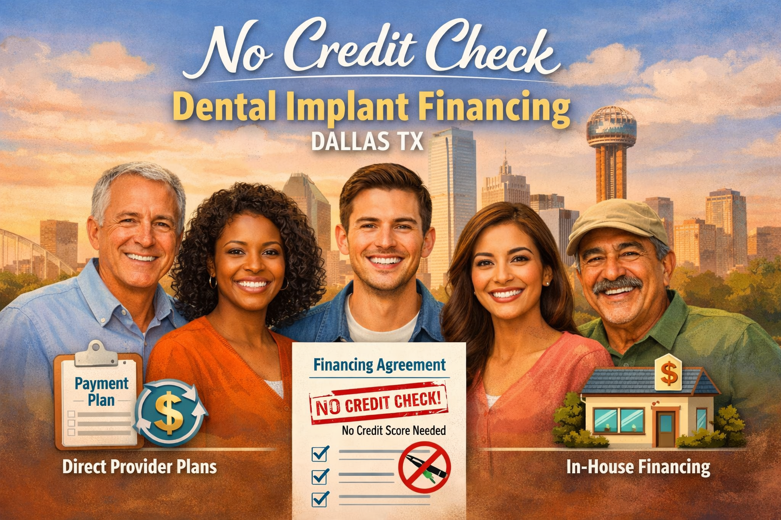A detailed landscape format (1536x1024) image illustrating 'No Credit Check' dental implant financing options in Dallas, TX. The visual shou