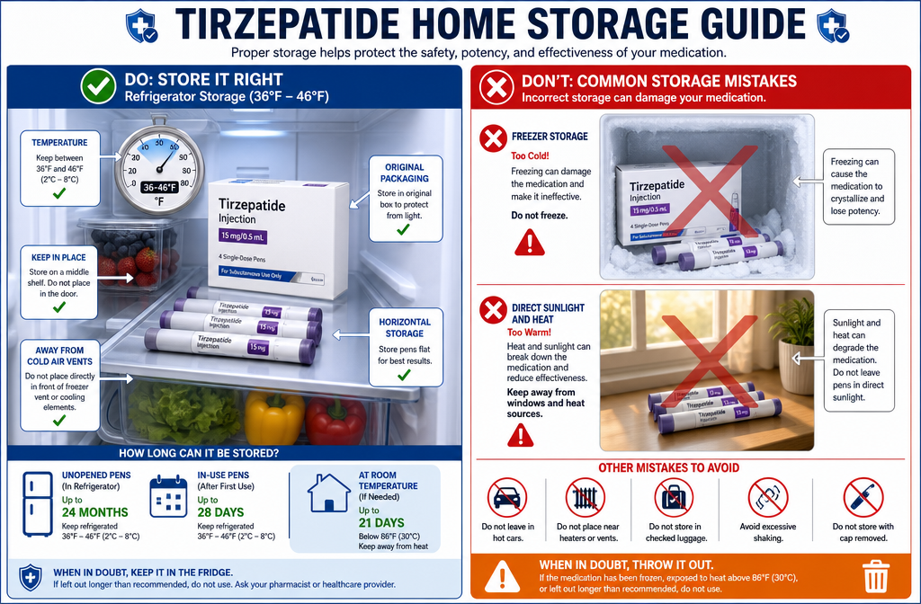 () detailed infographic showing proper tirzepatide home storage setup. Split composition: left side displays organized