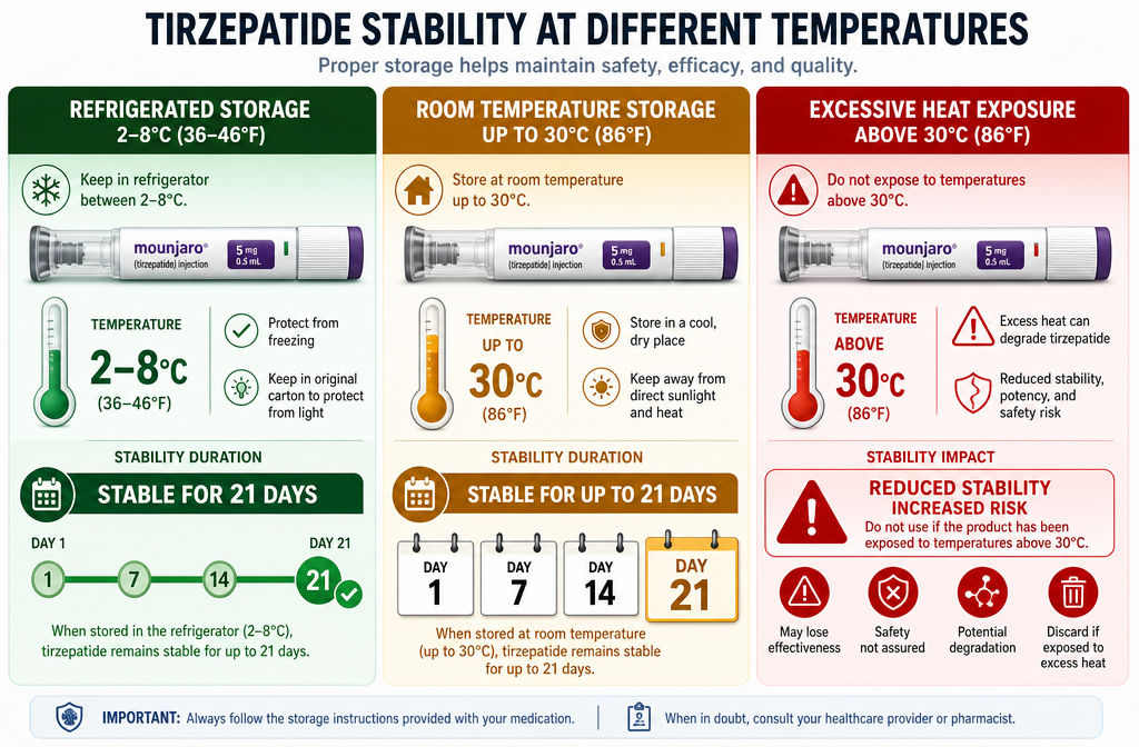 () visual comparison chart showing tirzepatide stability at different temperatures. Three-column layout: refrigerated