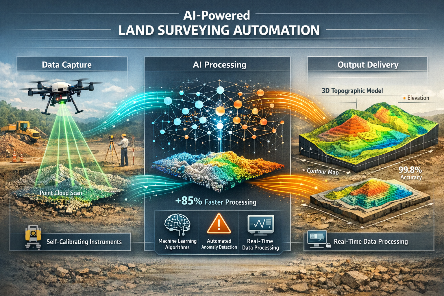 Landscape format (1536x1024) detailed infographic illustration showing AI-powered land surveying workflow automation. Central visual display