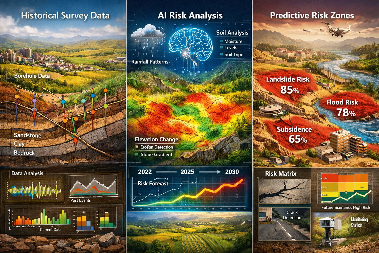 Landscape format (1536x1024) compelling visual comparison showing predictive analytics in action for risk assessment. Split into three verti