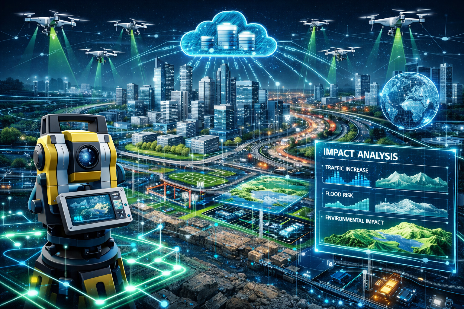 Landscape format (1536x1024) futuristic visualization of autonomous surveying systems and smart city integration. Foreground shows autonomou