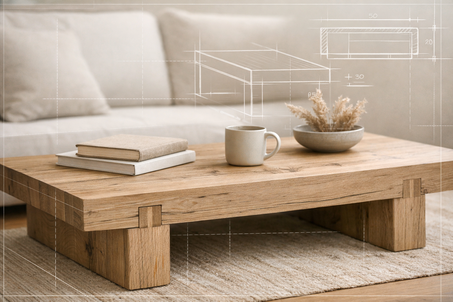 Landscape format (1536x1024) editorial image featuring a modern, minimalist coffee table made from light-colored reclaimed wood, adorned wit