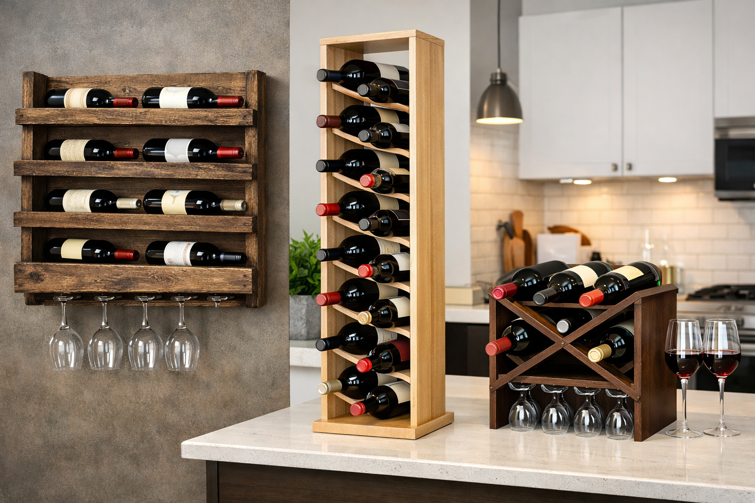 Landscape format (1536x1024) editorial image showcasing three distinct wooden wine racks: one rustic wall-mounted design holding several bot