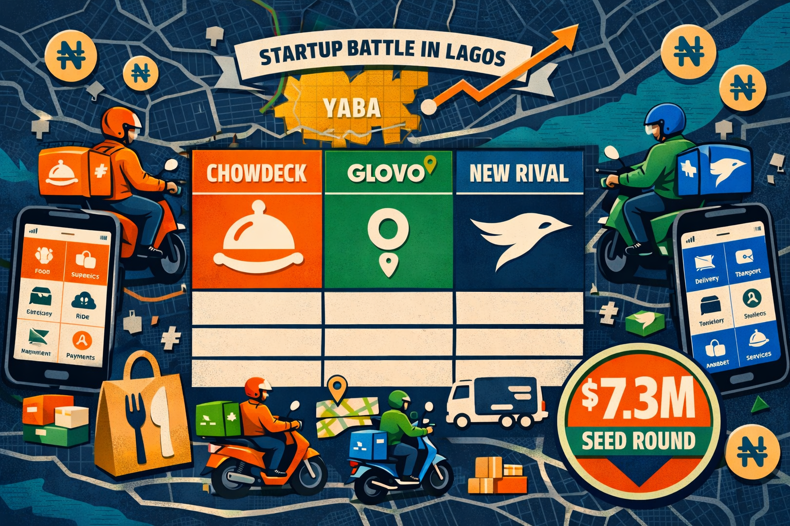 Detailed () editorial illustration showing a competitive battlefield map of Lagos Nigeria's tech startup ecosystem: a visual