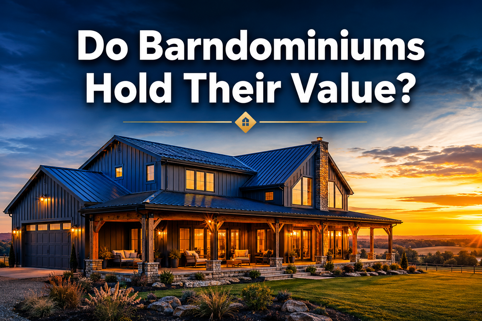 Professional () hero image with : 'Do Barndominiums Hold Their Value?' in extra large white with dark drop , centered in