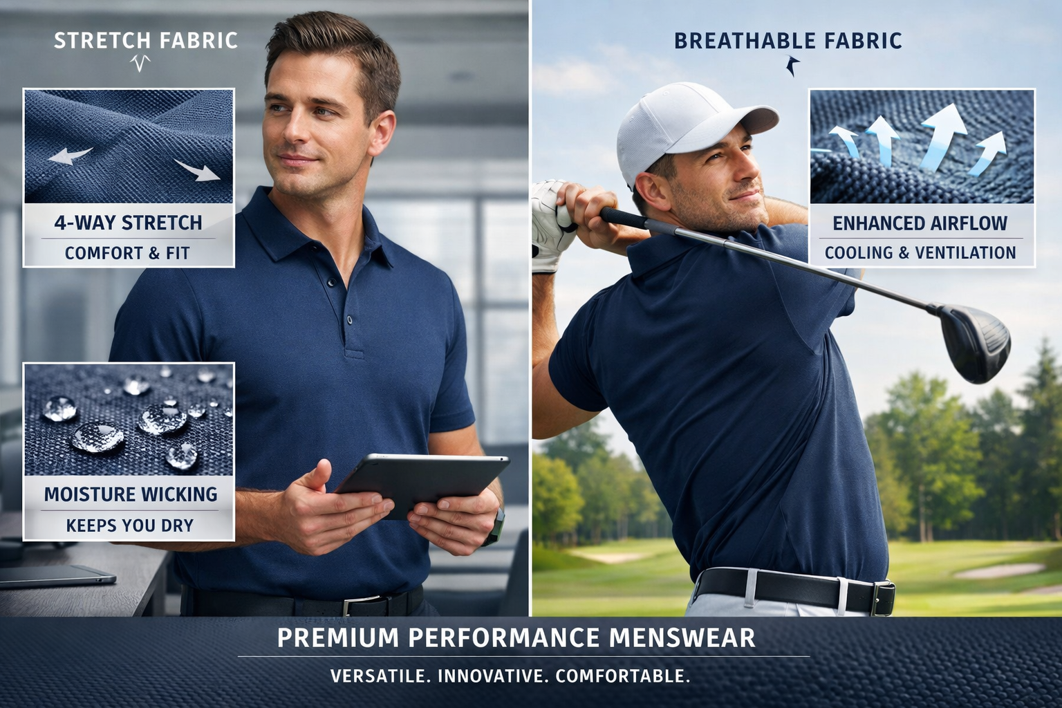 Landscape format (1536x1024) editorial image showing close-up fabric details of premium performance menswear - stretch fabric texture, moist