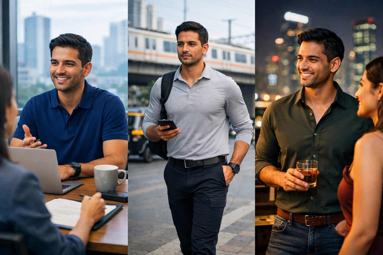 Landscape format (1536x1024) lifestyle composition showing modern Indian professional's day progression - morning office meeting in premium
