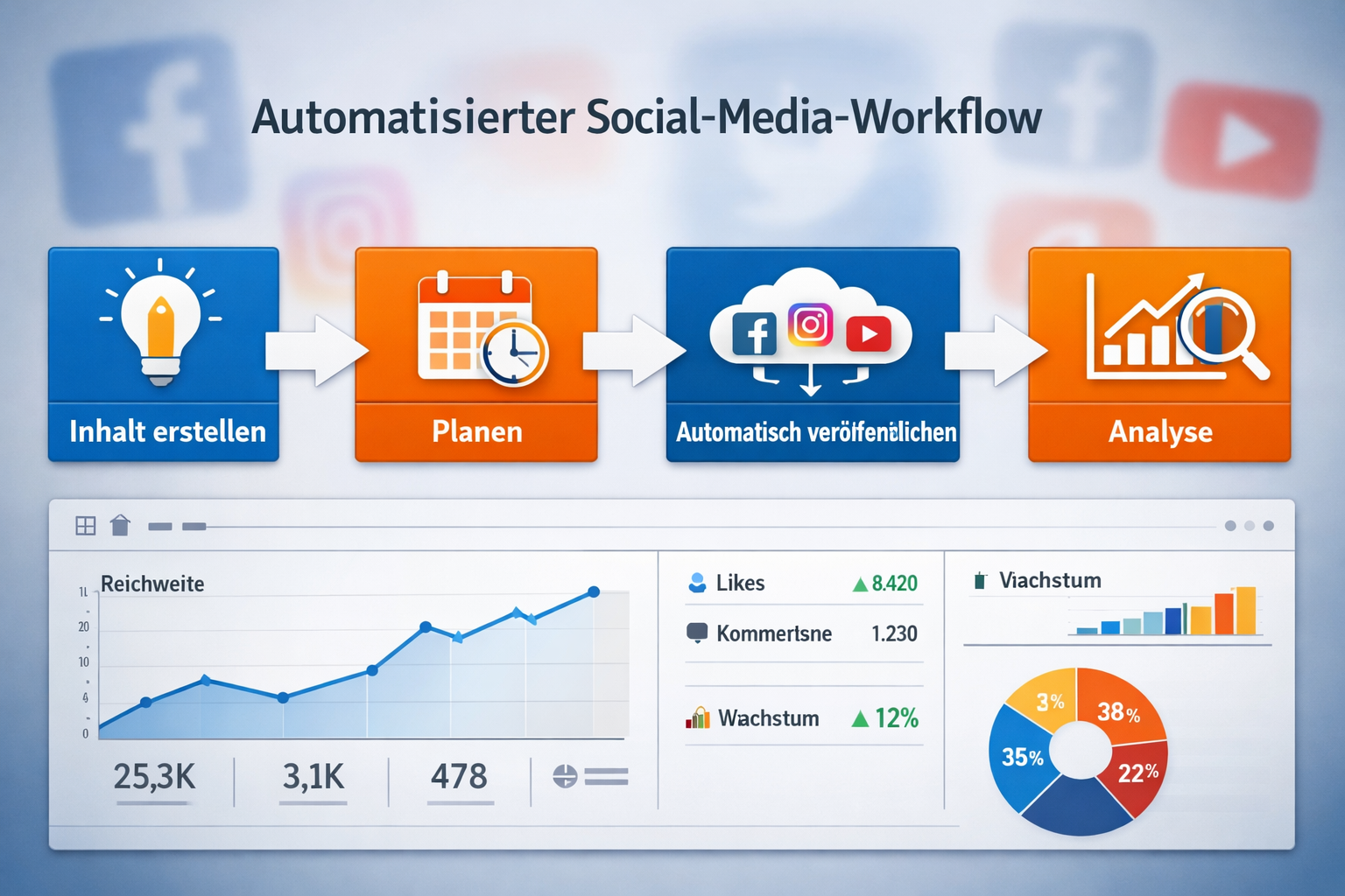 Querformat () Infografik-Illustration eines automatisierten Social-Media-Workflows: Pfeildiagramm zeigt Schritte 'Inhalt