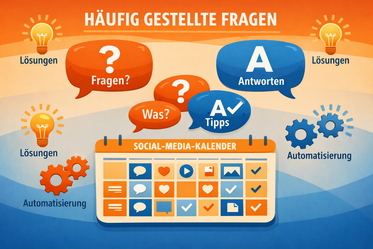 Querformat () FAQ-Konzeptvisualisierung: Sprechblasen mit deutschen Fragezeichen und Antwort-Icons schweben über einem