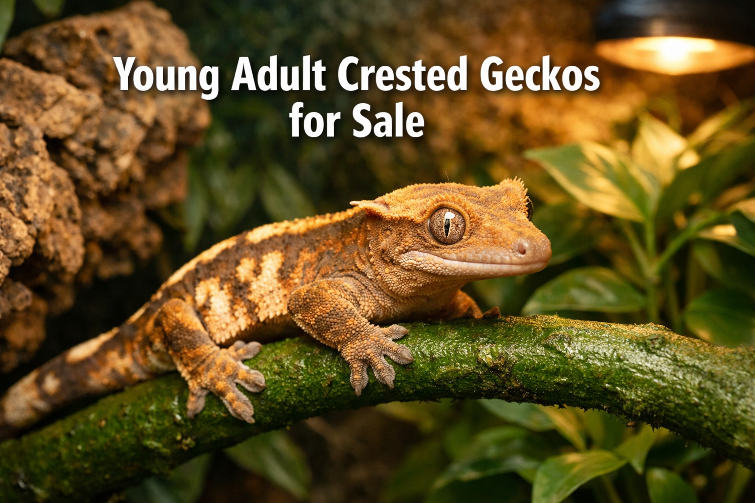 Professional landscape format (1536x1024) hero image featuring a healthy young adult crested gecko perched on a vibrant green branch in terr
