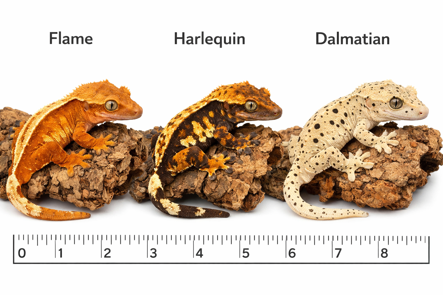 Landscape format (1536x1024) detailed comparison image showing three young adult crested geckos side by side representing different morphs -
