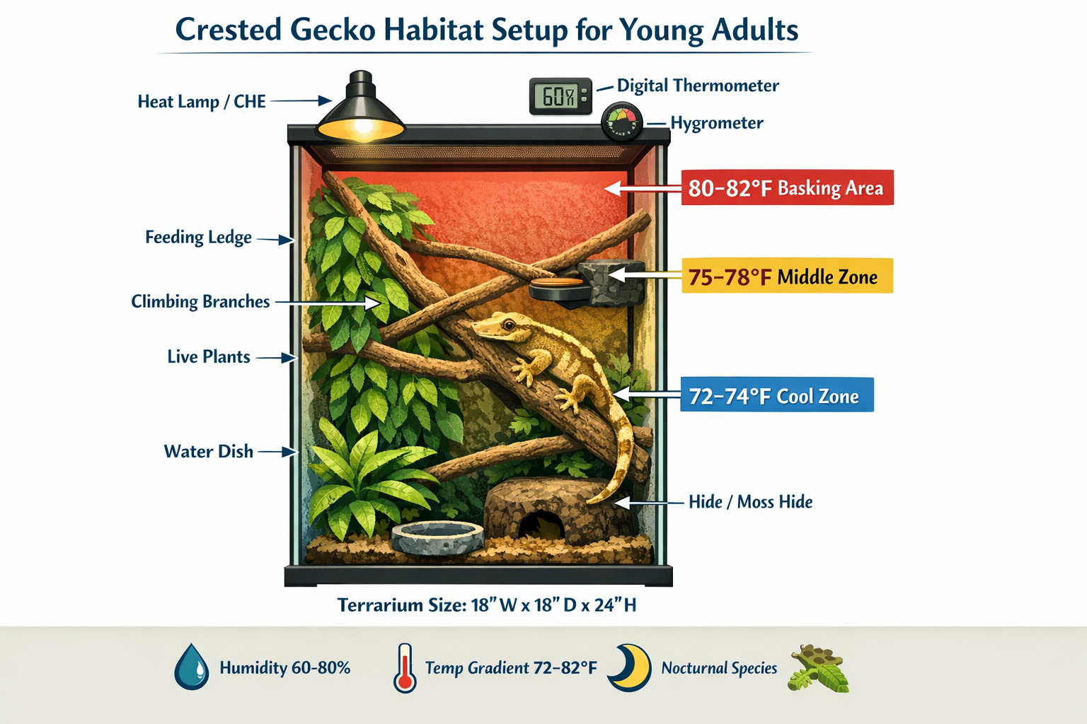 Landscape format (1536x1024) infographic-style image showing complete crested gecko habitat setup for young adults. Vertical terrarium cross