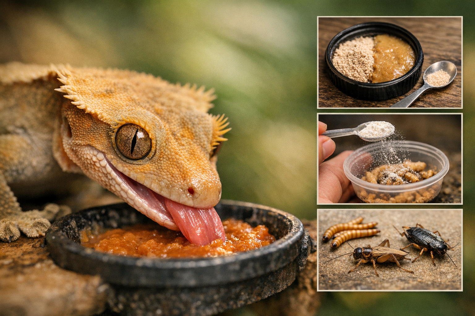 Landscape format (1536x1024) close-up editorial photograph of young adult crested gecko feeding, showing gecko's tongue extended toward prep