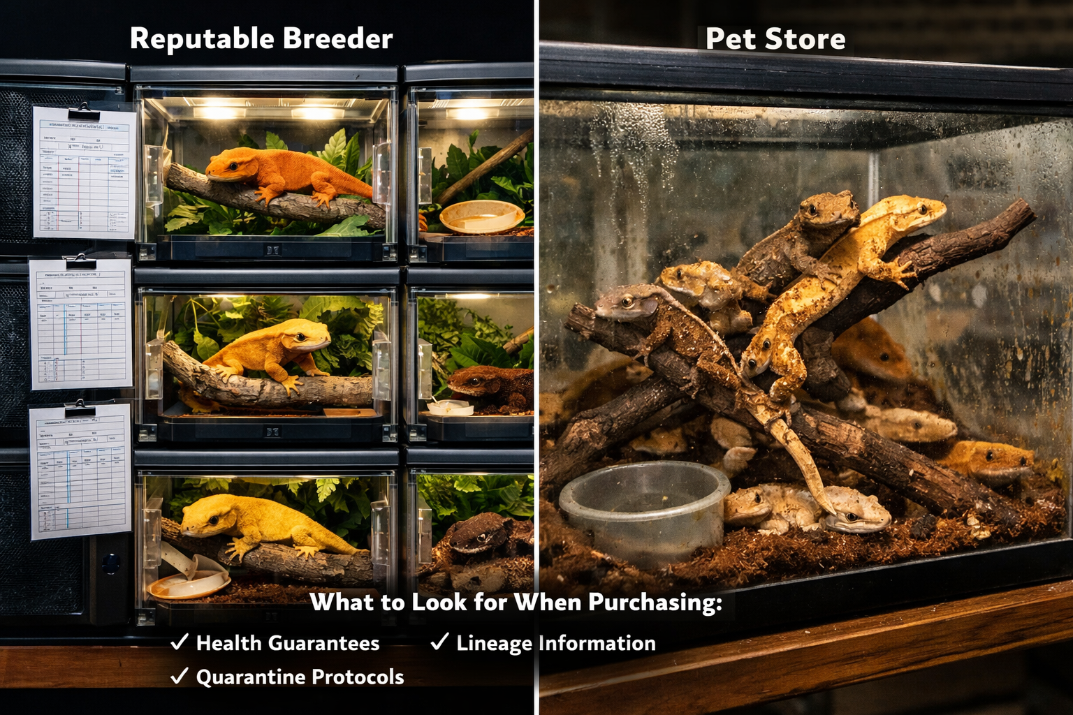 Landscape format (1536x1024) split-screen comparison image showing reputable breeder facility versus pet store conditions for young adult cr
