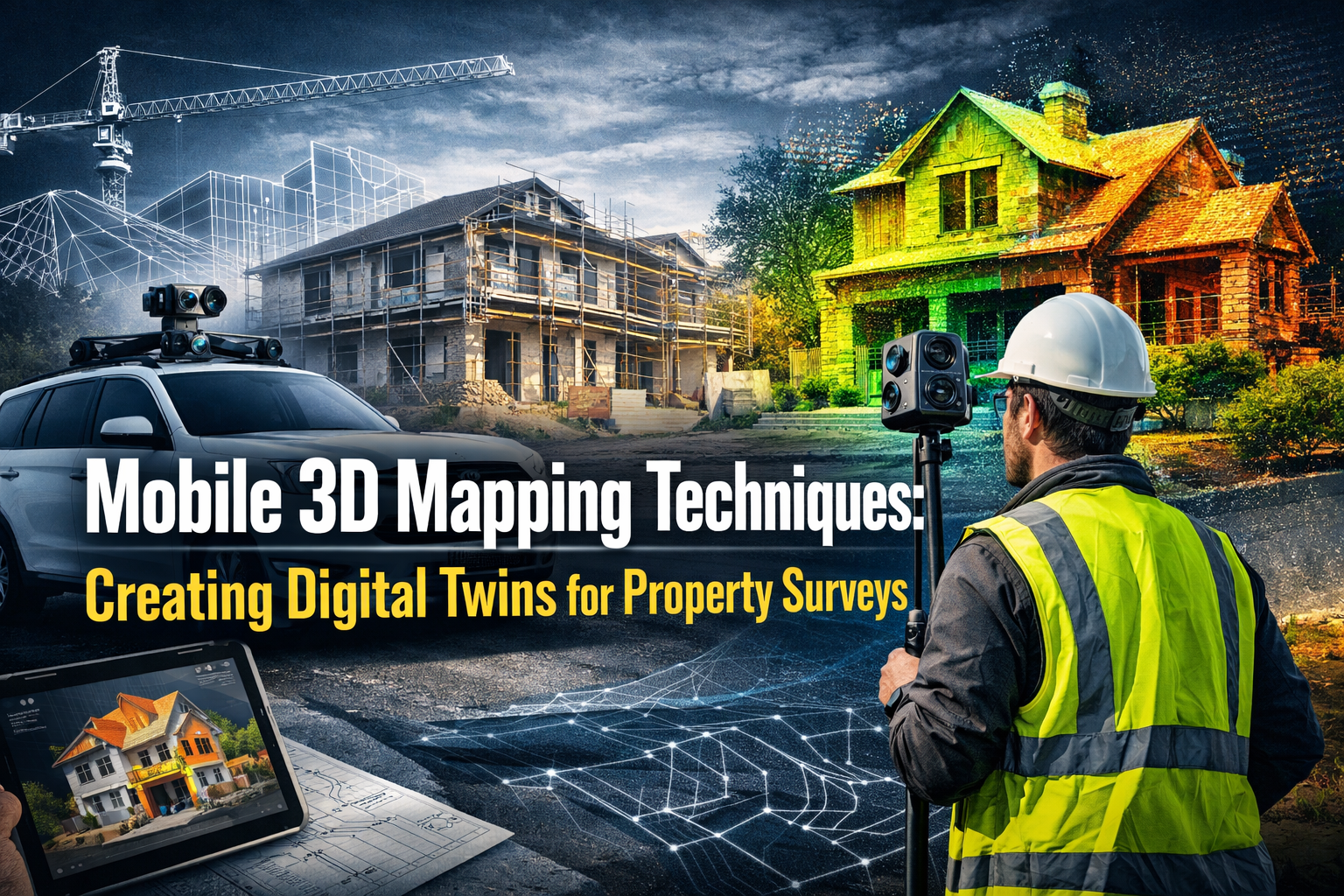 Professional landscape hero image (1536x1024) with bold text overlay: "Mobile 3D Mapping Techniques: Creating Digital Twins for Property Sur