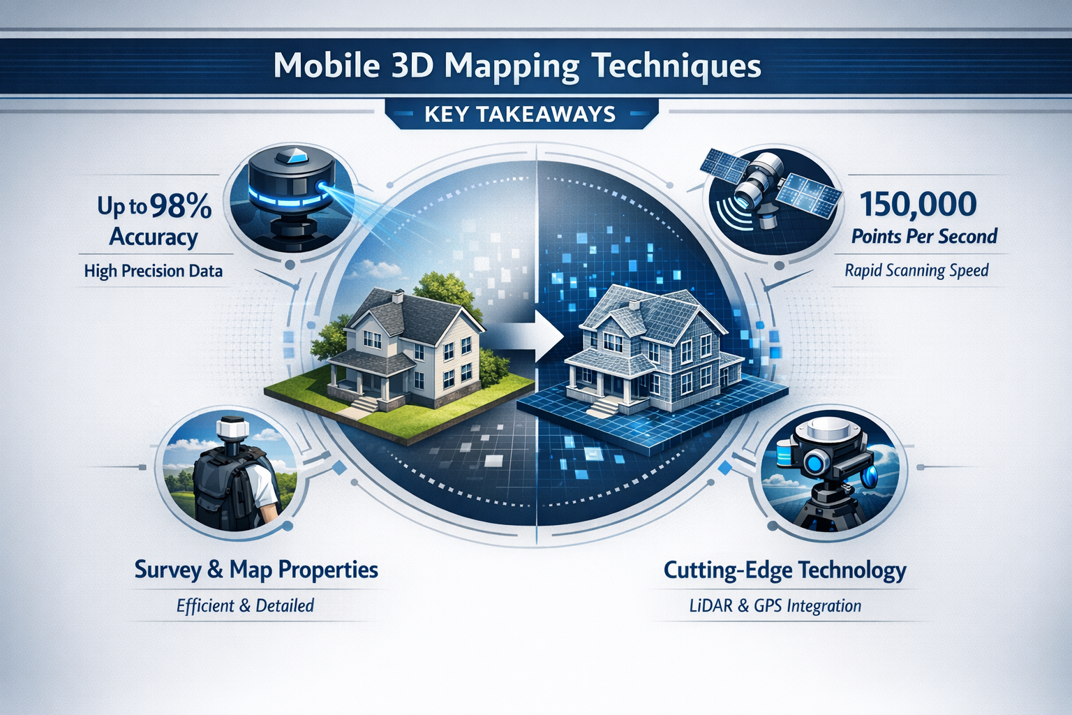 Infographic-style key takeaways visualization showcasing mobile 3D mapping techniques, featuring isometric icons representing digital twin t