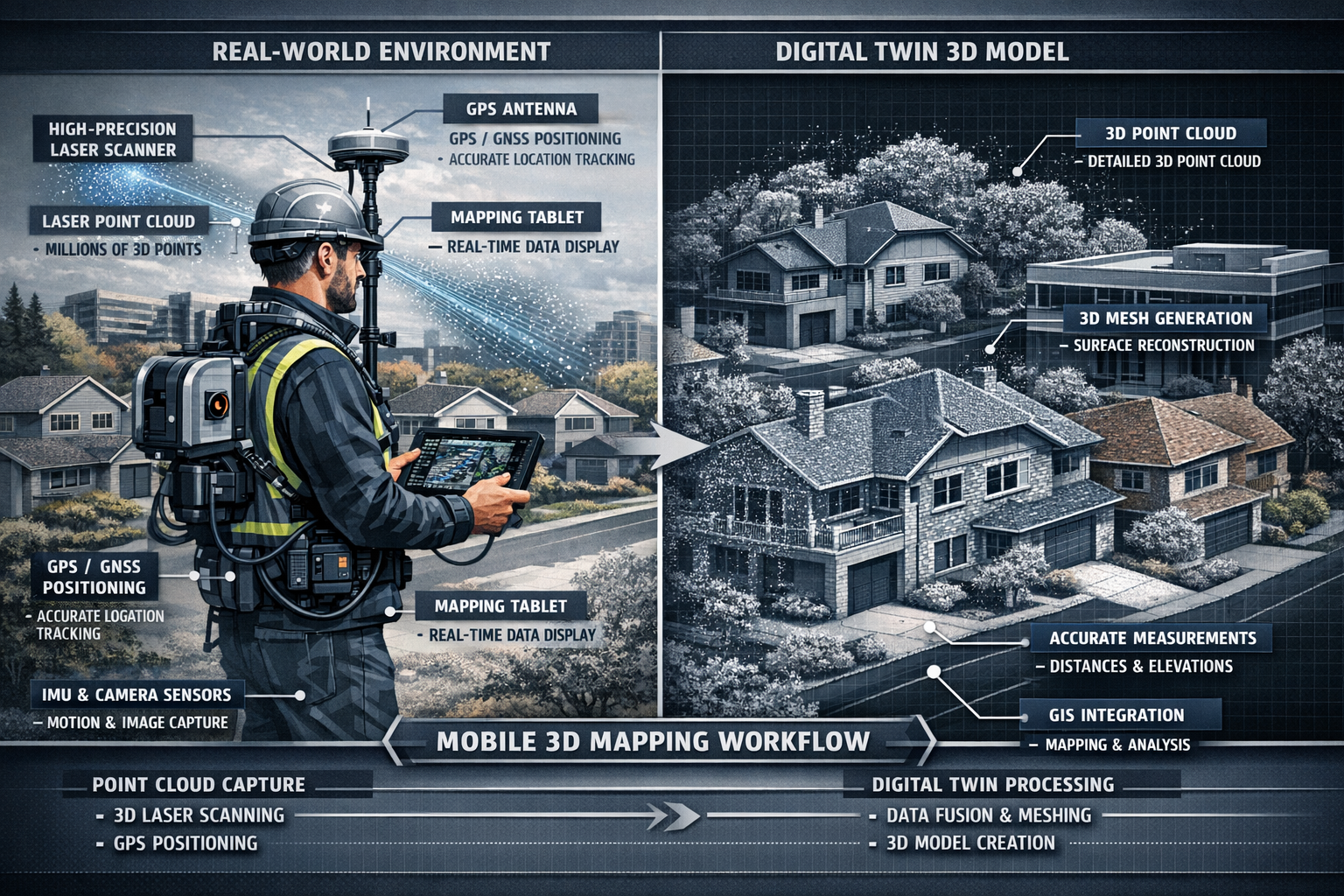 Comprehensive technical illustration demonstrating mobile 3D mapping workflow, featuring a cutaway view of a professional surveyor using adv