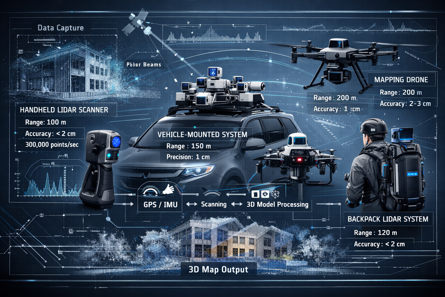 Sophisticated technical equipment showcase displaying various mobile 3D mapping systems used in property surveying. Central composition feat