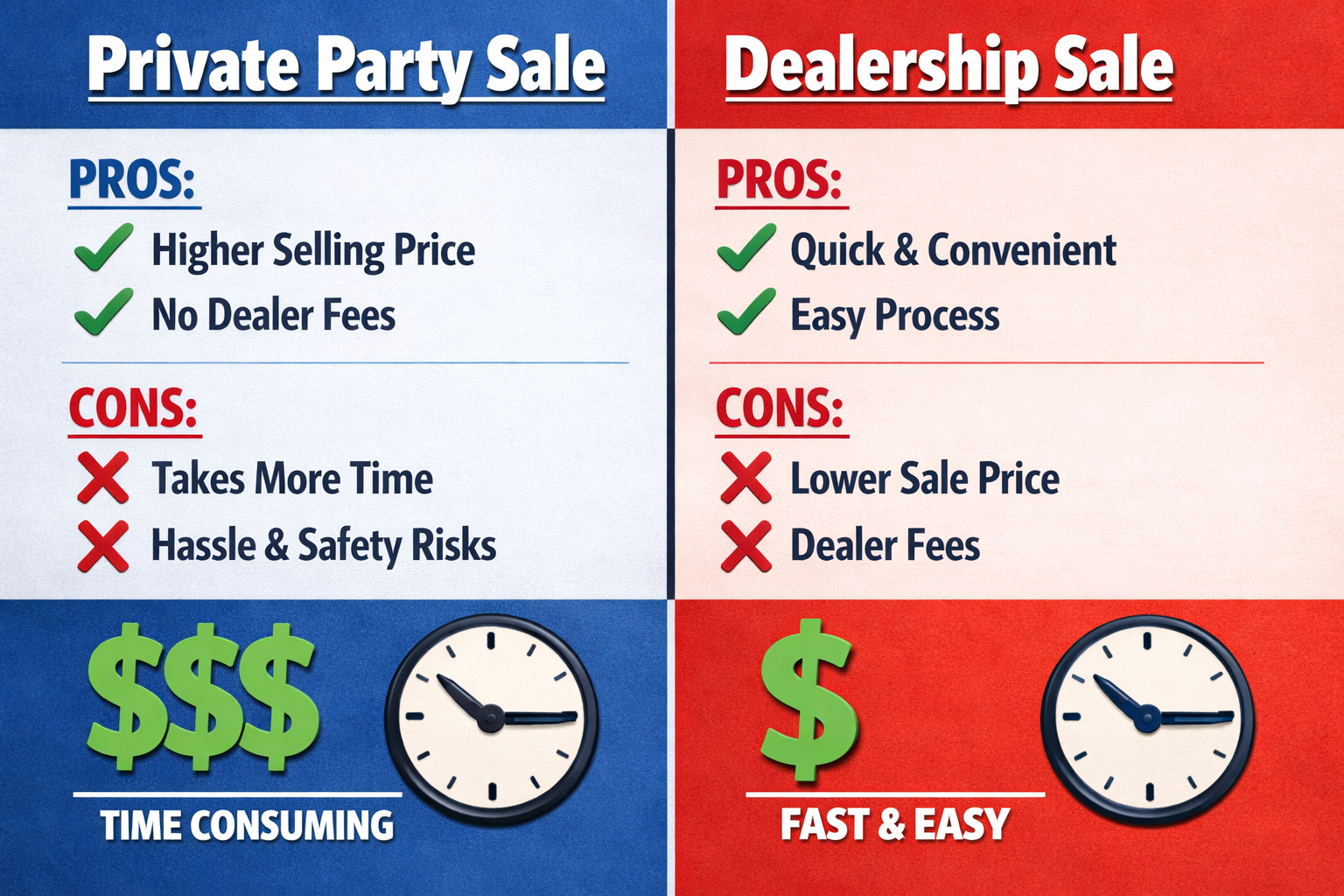 Split-screen comparison showing private party sale vs dealership sale with pros/cons lists, dollar signs, and clock icons representing time 