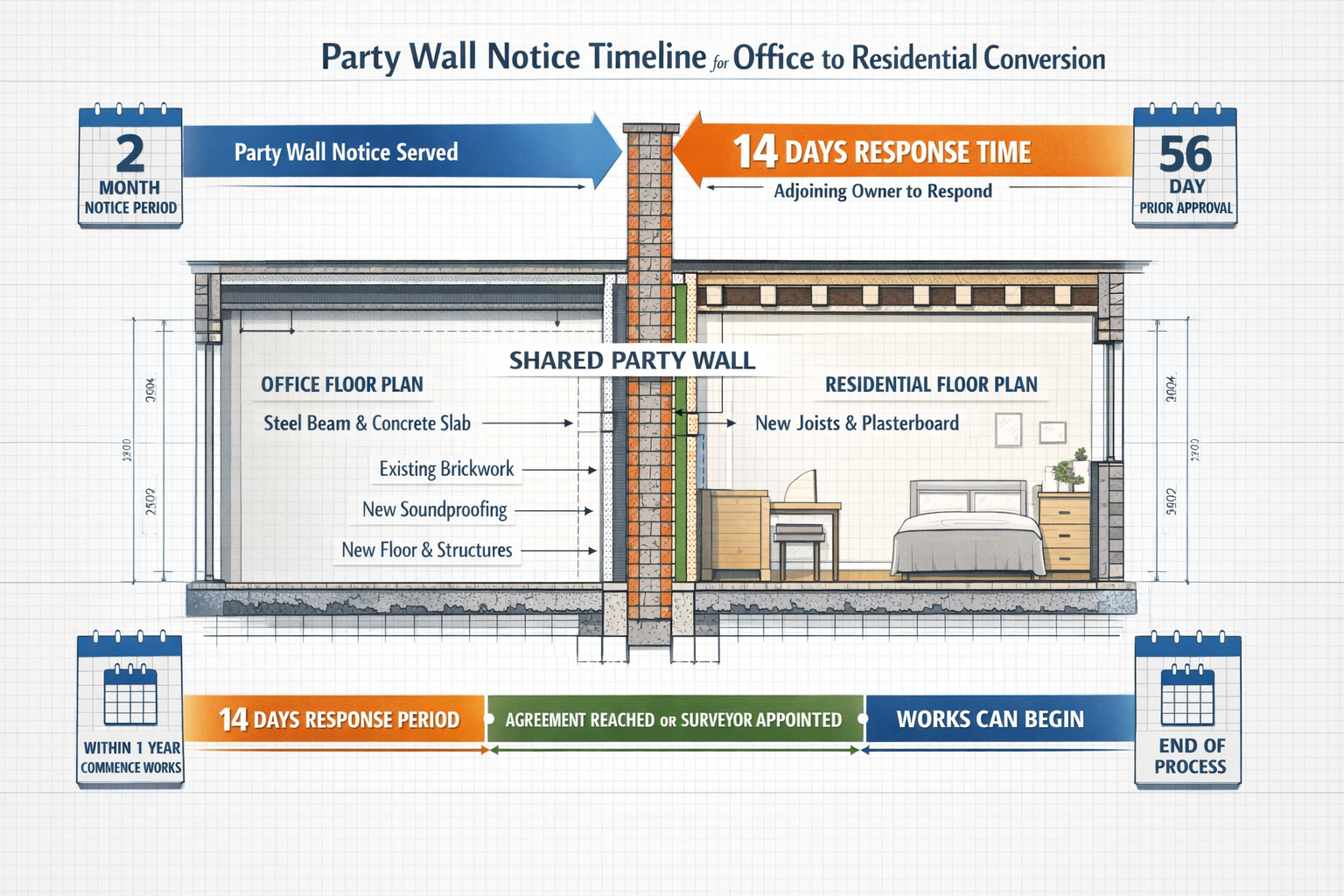 Detailed () infographic-style image showing party wall notice timeline flowchart for office-to-residential conversions.
