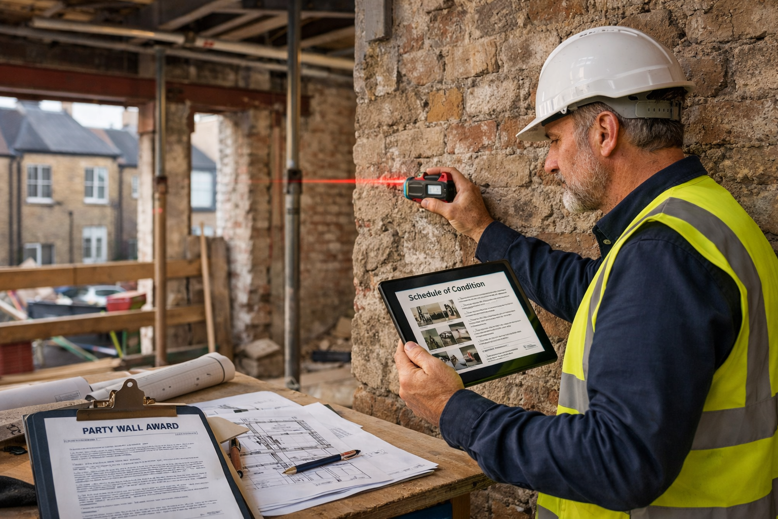 Detailed () professional photograph of party wall surveyor conducting inspection at office-to-residential conversion site.