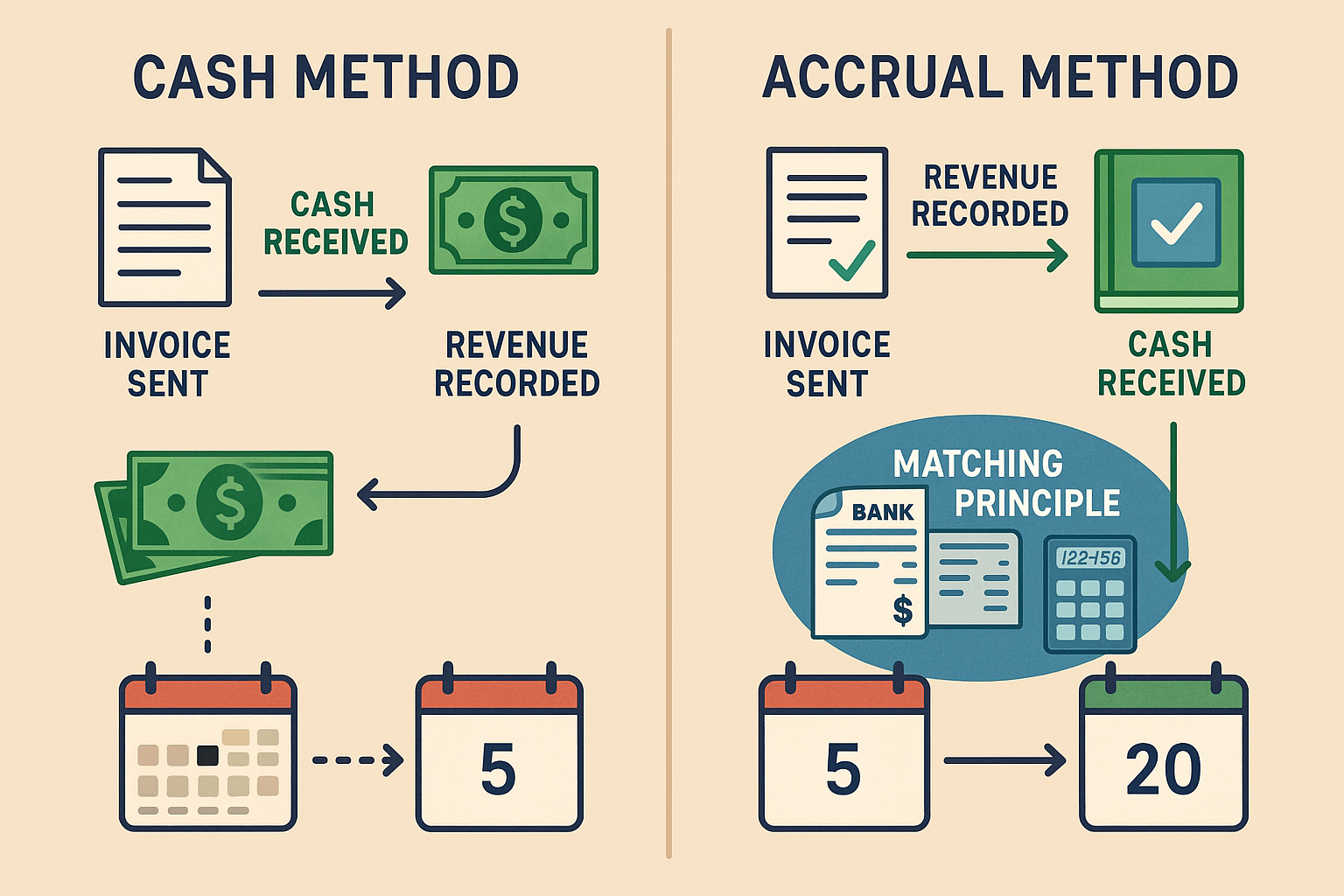 Detailed infographic illustration (1536x1024) showing side-by-side comparison of cash accounting versus accrual accounting transaction timel