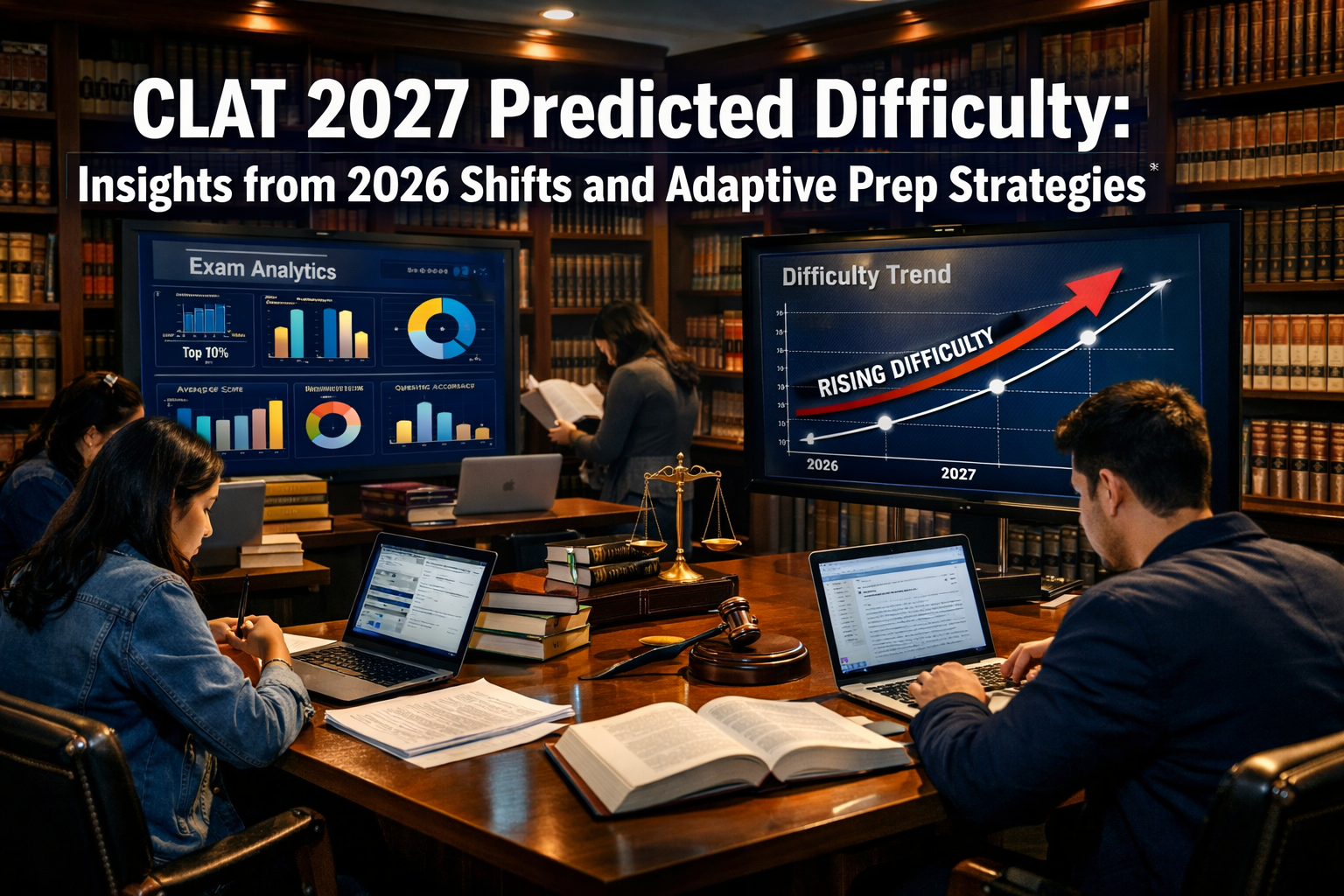 Professional landscape format (1536x1024) hero image with bold text overlay 'CLAT 2027 Predicted Difficulty: Insights from 2026 Shifts and A