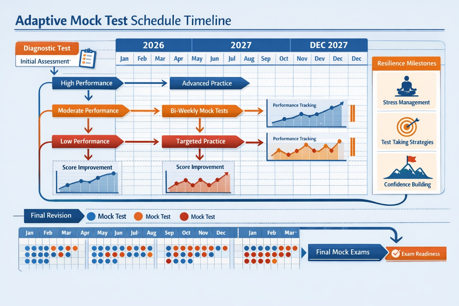 Detailed landscape format (1536x1024) strategic preparation flowchart showing adaptive mock test schedule timeline from 2026 to December 202