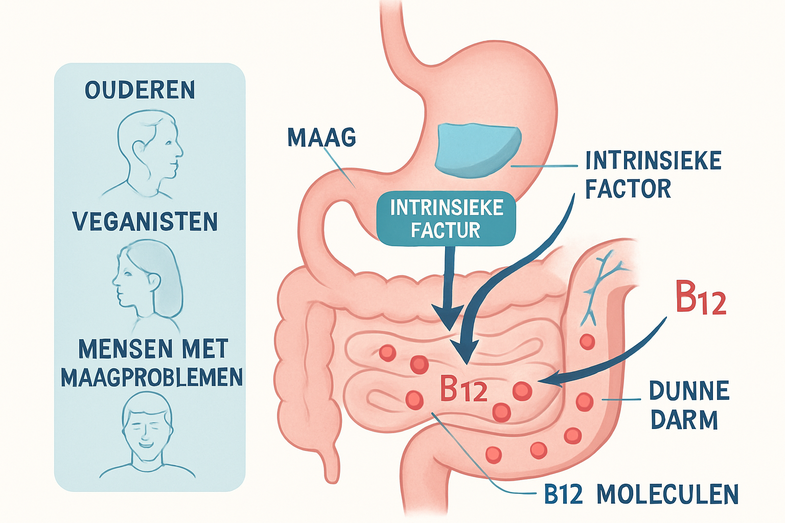Medical-style landscape illustration (1536x1024) showing B12 absorption process in human digestive system. Cross-section view of stomach and