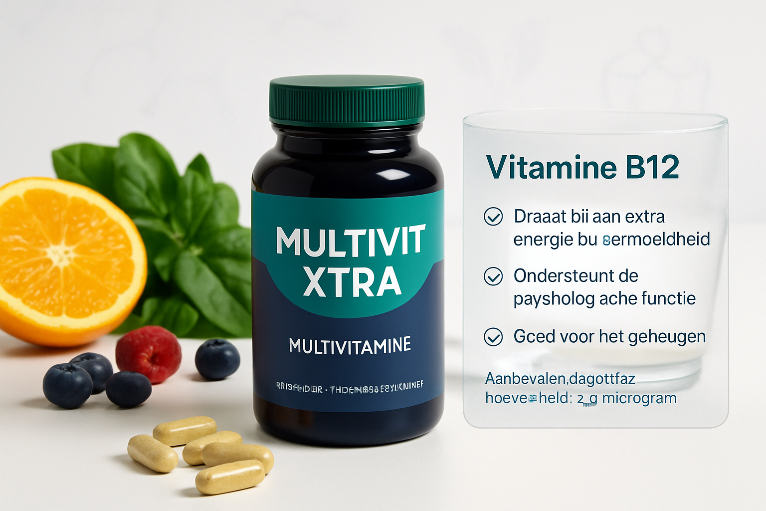 Landscape product-focused image (1536x1024) showing modern multivitamin supplement bottle (Multivit Xtra style) on clean white surface with 