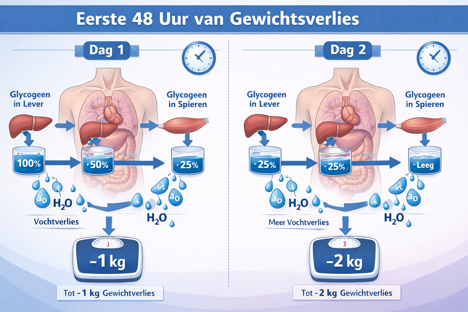 Detailed landscape infographic (1536x1024) showing timeline of first 48 hours of weight loss. Split into two sections labeled 'Dag 1' and 'D