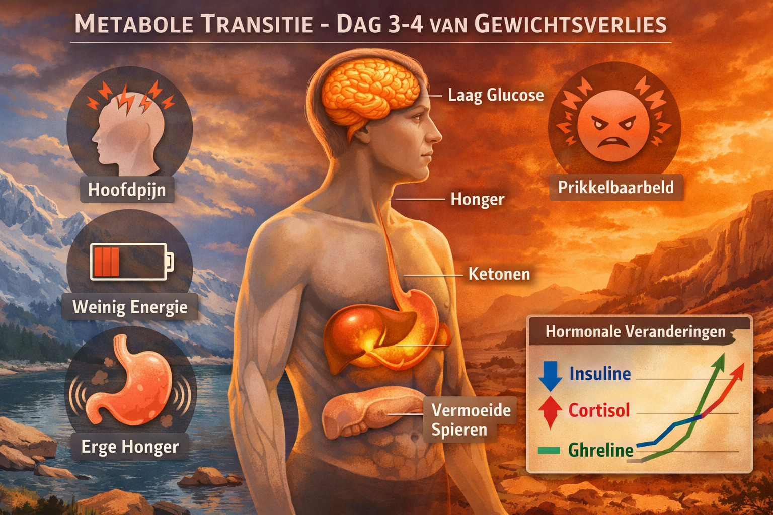 Detailed landscape illustration (1536x1024) depicting metabolic transition during days 3-4 of weight loss. Central human figure shown in pro