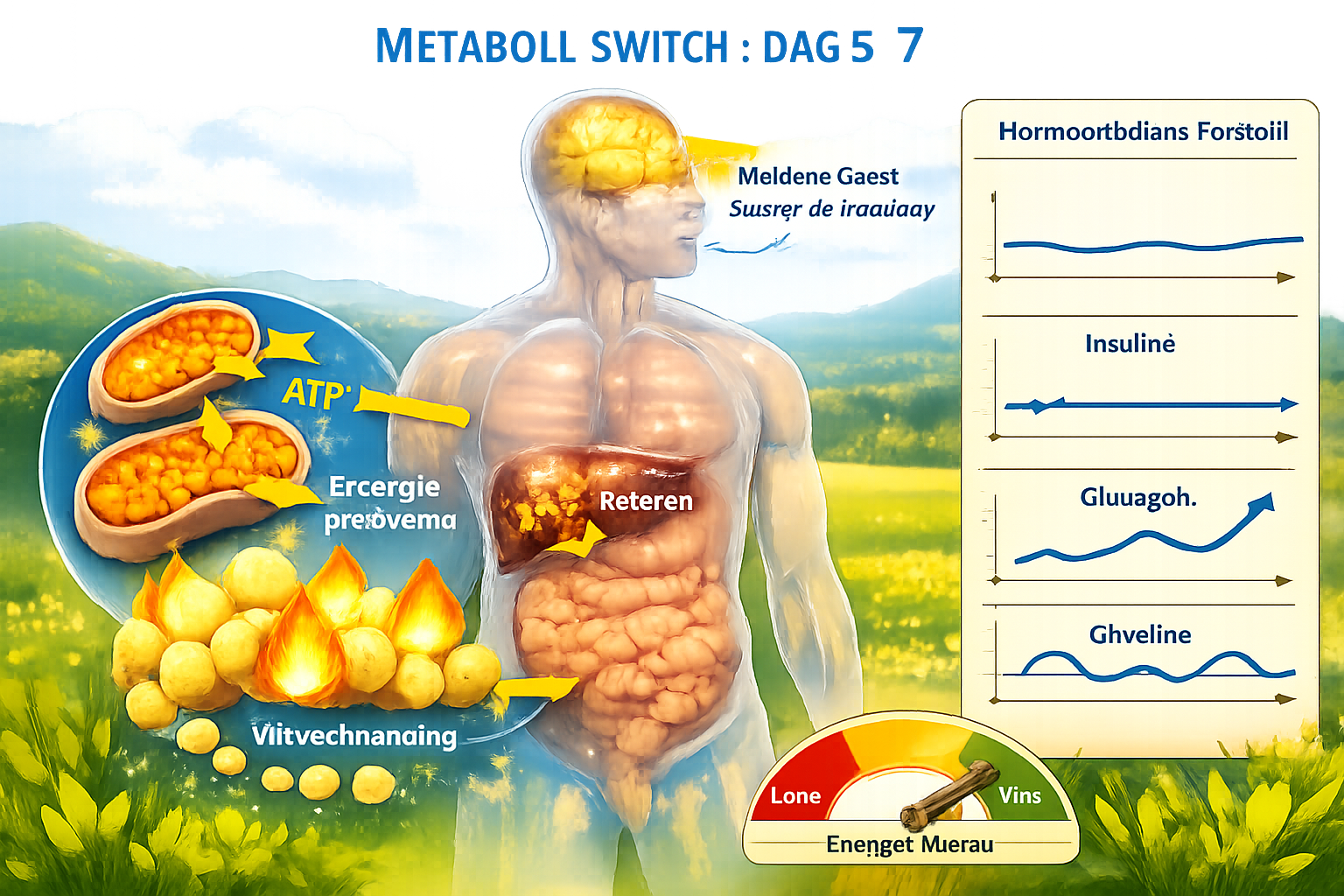 Detailed landscape scientific illustration (1536x1024) showing metabolic switch during days 5-7. Central image of human body with transparen
