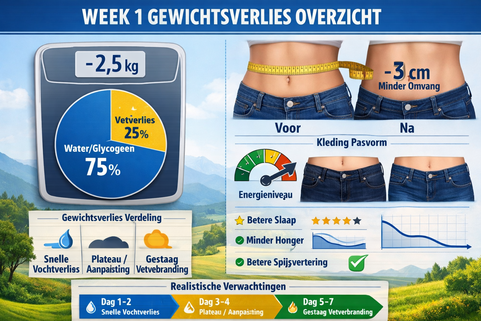 Detailed landscape comparison infographic (1536x1024) showing week 1 weight loss breakdown. Left side: large weighing scale displaying '-2.5