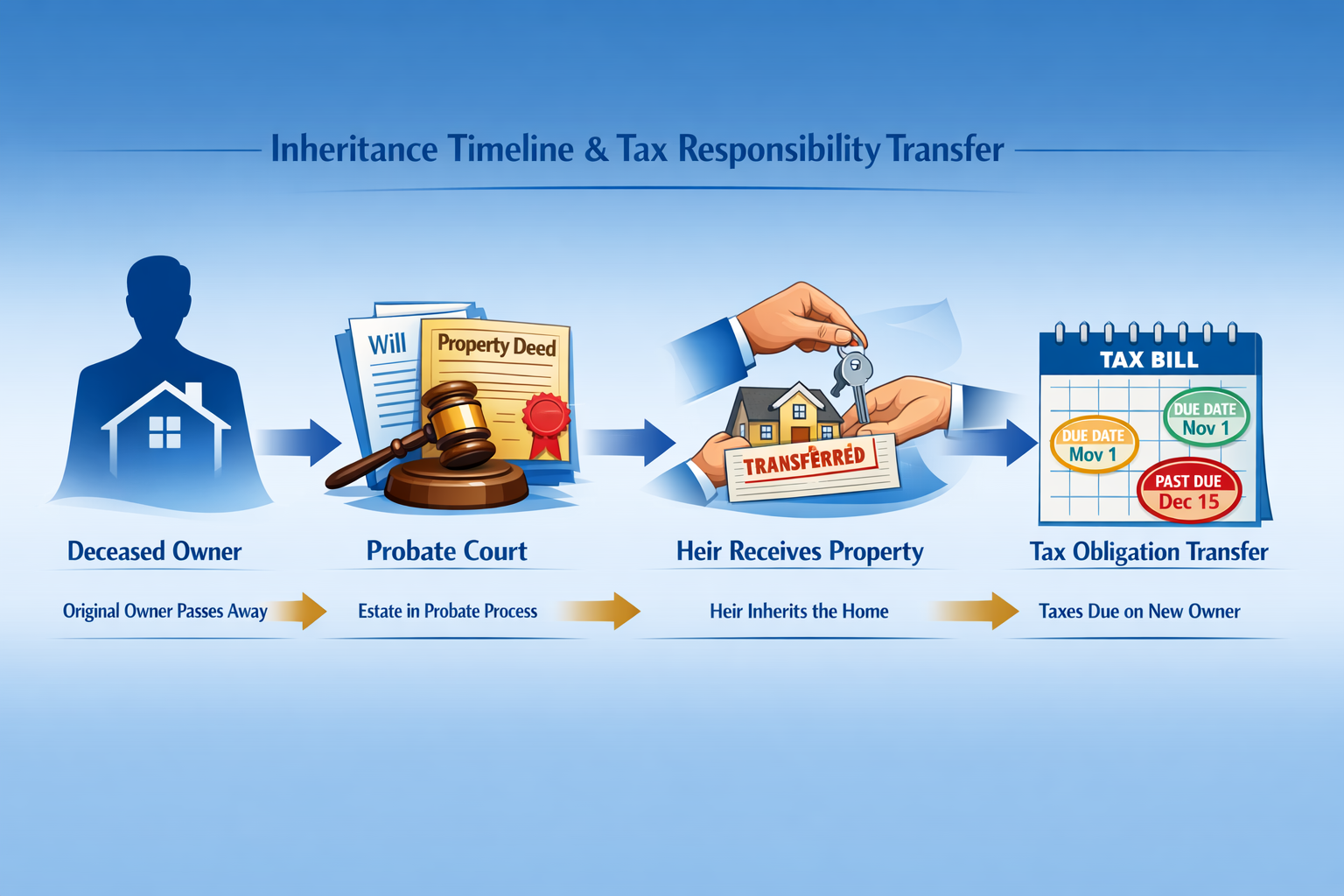 Detailed infographic illustration showing the inheritance timeline and tax responsibility transfer process. Visual flowchart with four main 