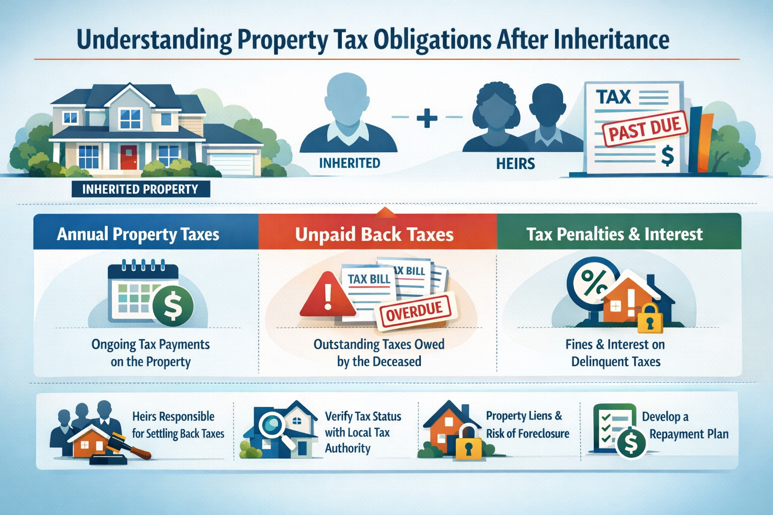 Professional landscape infographic (1536x1024) for article "Back Taxes on Inherited Property: Who Pays & How to Resolve", section: "Understa